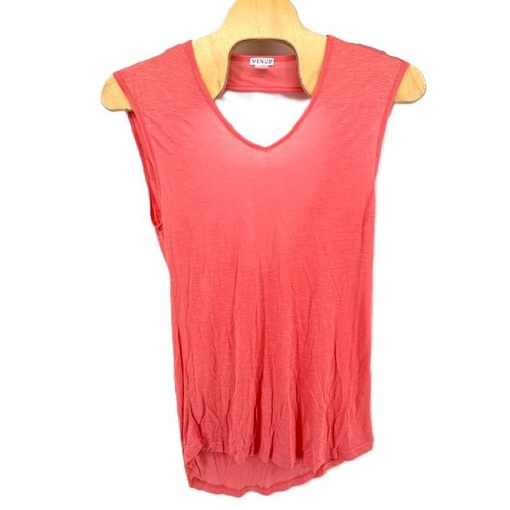 Venus Coral Pink Open Back V-Neck Sleeveless Rayon Slub Knit Top Large